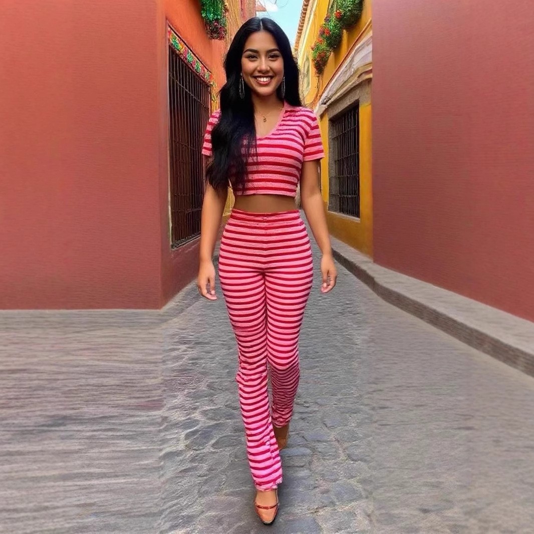 Fashion Turndown Collar Shirt & Striped Bell-Bottom Pants Summer Knit Set