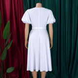 Women's Summer Trendy Puff-Sleeve Elegant High-Waist Solid Round Neck A-line African Dress