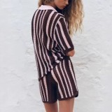 Fashion Striped Turndown Collar Short-Sleeve Top & Shorts Knit Set
