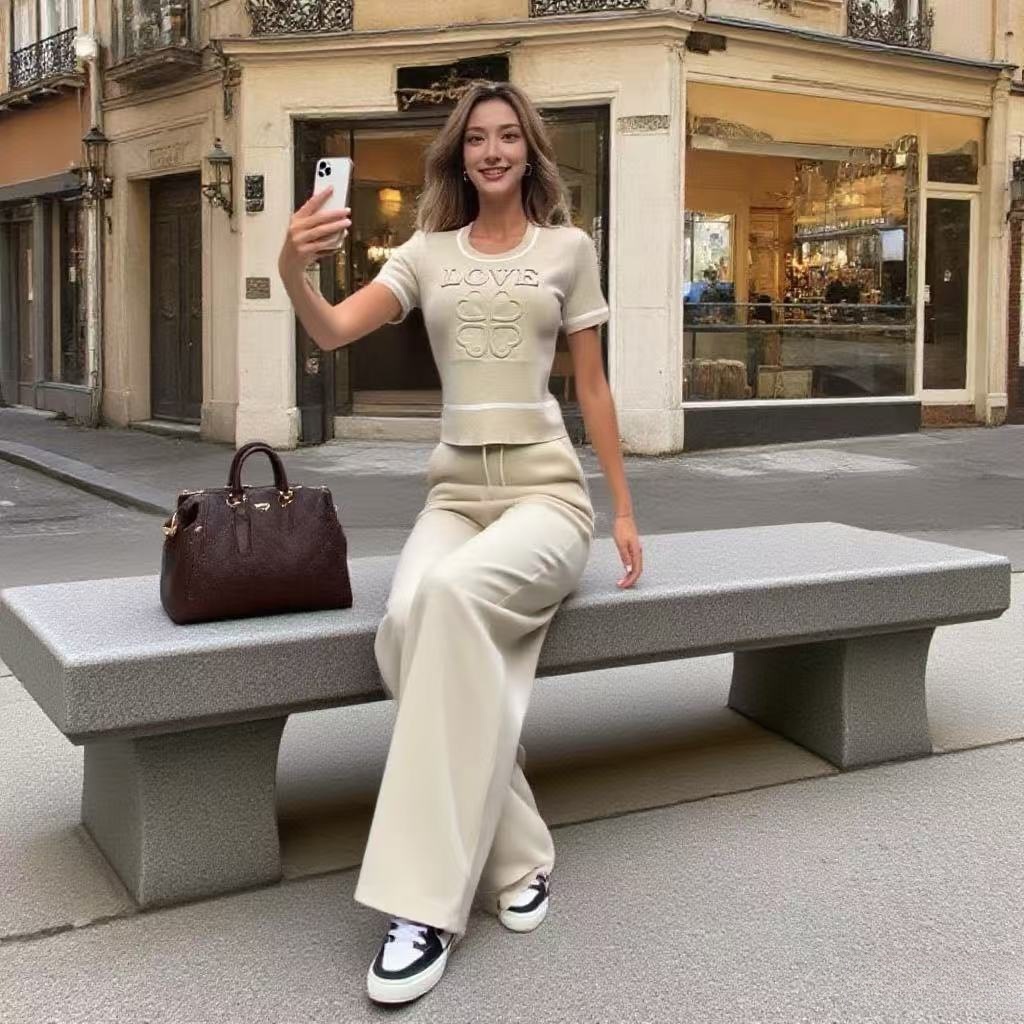 Spring/Summer Casual Knit Set Letter & Heart Print Short-Sleeve Top + High-Waist Pants