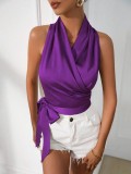 Women satin spring and summer Halter neck Sexy Lace-up Sleeveless Top