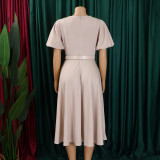 Women's Summer Trendy Puff-Sleeve Elegant High-Waist Solid Round Neck A-line African Dress