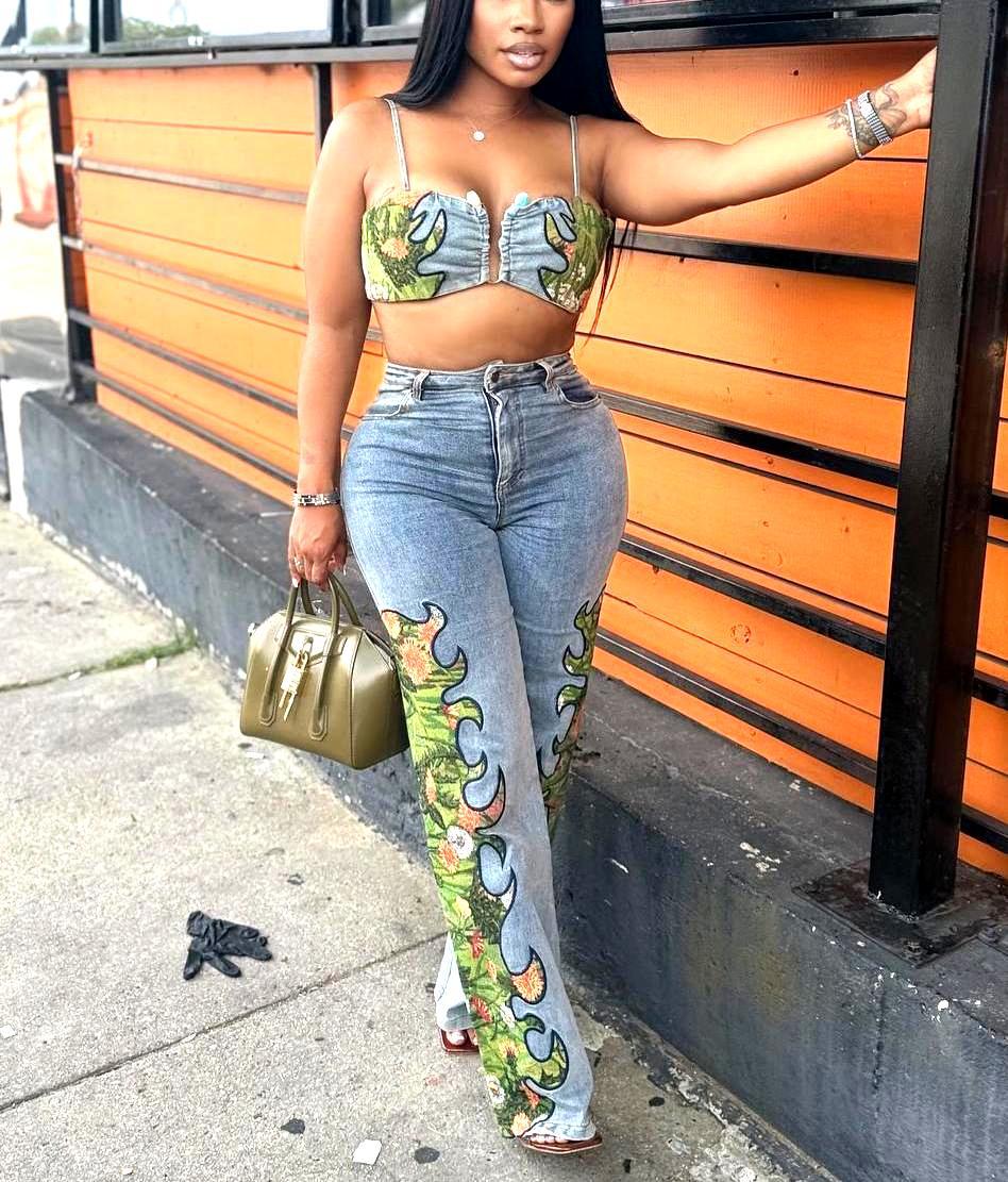 Women Sexy Floral Stretch Wrap Top and Denim Pants Two-Piece Set