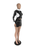 Women Summer Contrast Color Patchwork Long Sleeve Top and Shorts Sports Two-piece Set