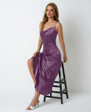 Women Pleated Sleeveless Satin Dress