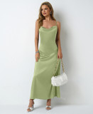 Women Pleated Sleeveless Satin Dress