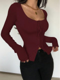 Women Solid Long Sleeve Lace-Up Top Square Neck Sexy Casual T-shirt