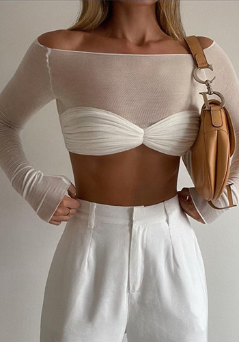 Women long-sleeved solid off shoulder crop t-shirt