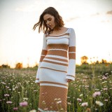 Autumn Multi-Color U-Neck Sexy Cut-Out Long-Sleeve Knit Long Dress