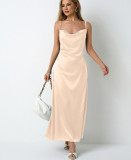 Women Pleated Sleeveless Satin Dress