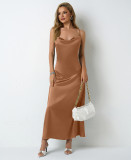 Women Pleated Sleeveless Satin Dress