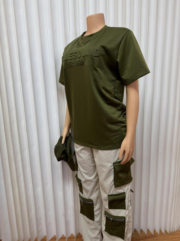 Multi-Pocket Trendy Cargo Pants & Solid Color T-Shirt Casual Set