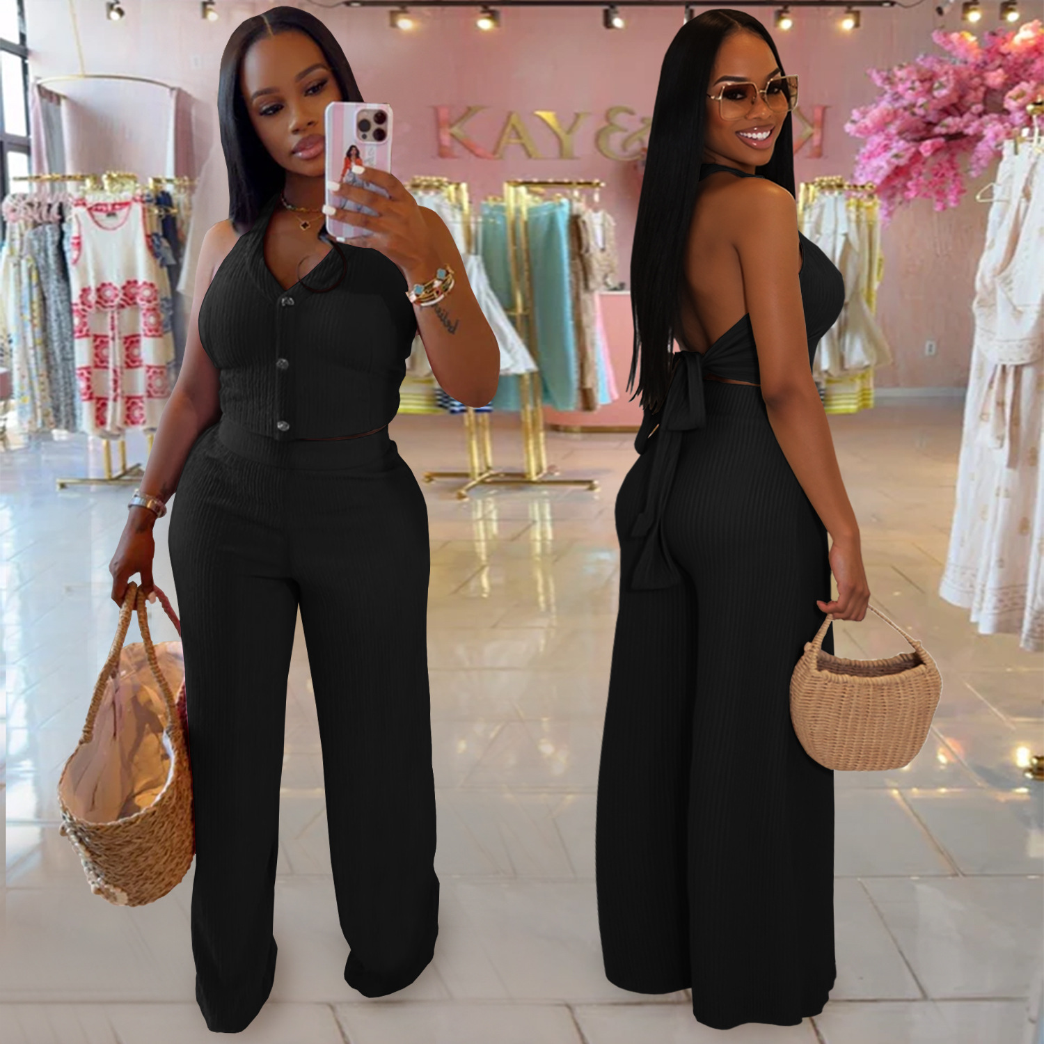 Fashion Women's Casual Halter Neck Lace-Up Top & Pants Two-Piece Set