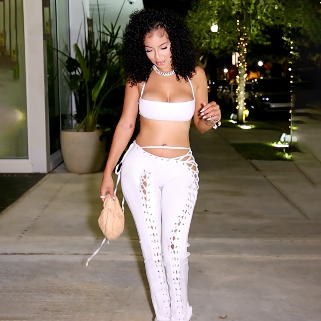 Women Fall Solid Halter Neck Lace-Up Top and Pants Two-piece Set