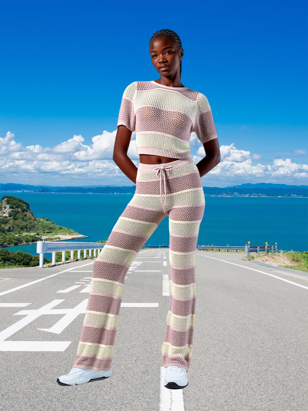 Women's Fashion Knit Cut-Out Short-Sleeve Pants Set Beach Outfit