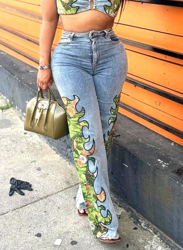 Women Sexy Floral Stretch Wrap Top and Denim Pants Two-Piece Set