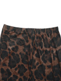 Women's Sexy Round Neck Long-Sleeve Leopard Print Slit Two-Piece Skirt Set