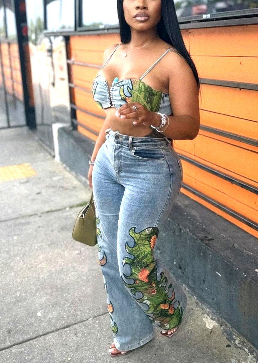 Women Sexy Floral Stretch Wrap Top and Denim Pants Two-Piece Set