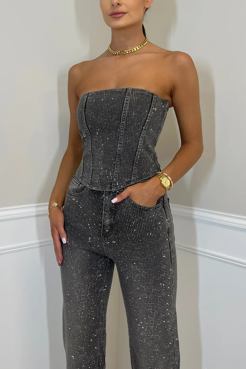 Women's Sexy Strapless Glitter Top & Beaded Pants Two-Piece Set