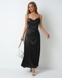 Women Pleated Sleeveless Satin Dress