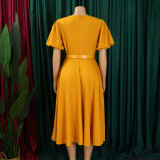 Women's Summer Trendy Puff-Sleeve Elegant High-Waist Solid Round Neck A-line African Dress