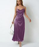 Women Pleated Sleeveless Satin Dress