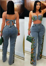 Women Sexy Floral Stretch Wrap Top and Denim Pants Two-Piece Set