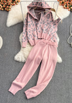 Women Casual Leopard Print Zipper V Neck Knitting Hooded Jacket Three-Piece Women Casual Leopard Print Zipper V Neck Knitting Hooded Jacket Three-Piece