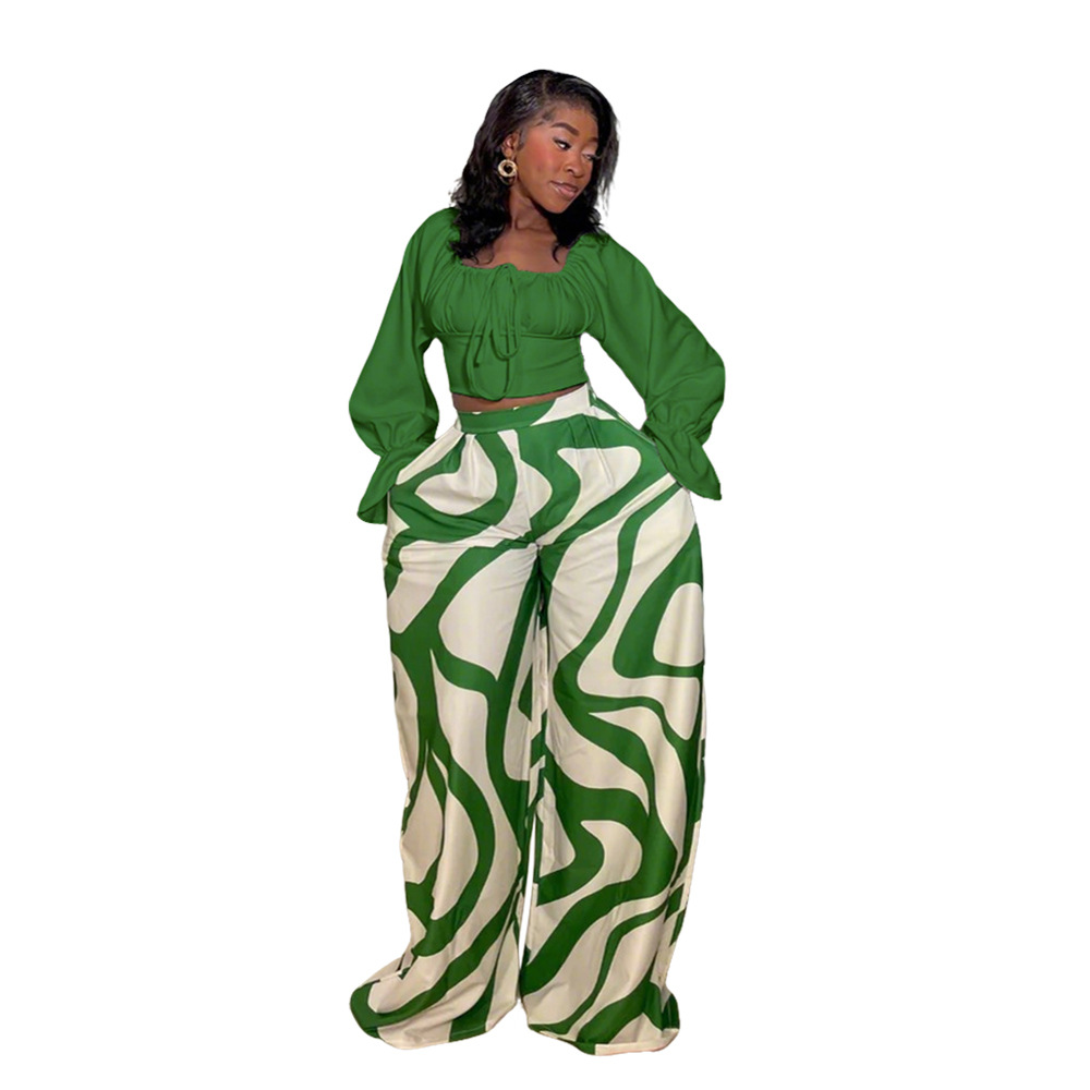 Long Sleeve Top with Loose Printed Wide-Leg Pants Casual & Comfortable Two-Piece Set