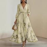 Women's Digital Print V-Neck Long-Sleeve Pleated Maxi Dress