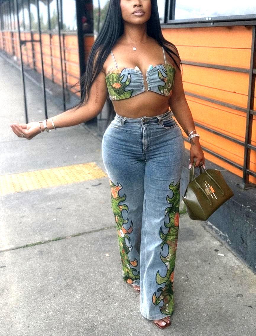 Women Sexy Floral Stretch Wrap Top and Denim Pants Two-Piece Set