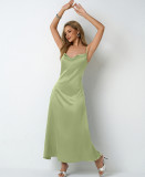 Women Pleated Sleeveless Satin Dress