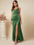 Women's Spring Summer Strap Satin Dress Sexy Pleated Bridesmaid Dress