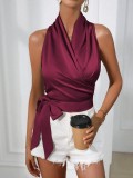Women satin spring and summer Halter neck Sexy Lace-up Sleeveless Top