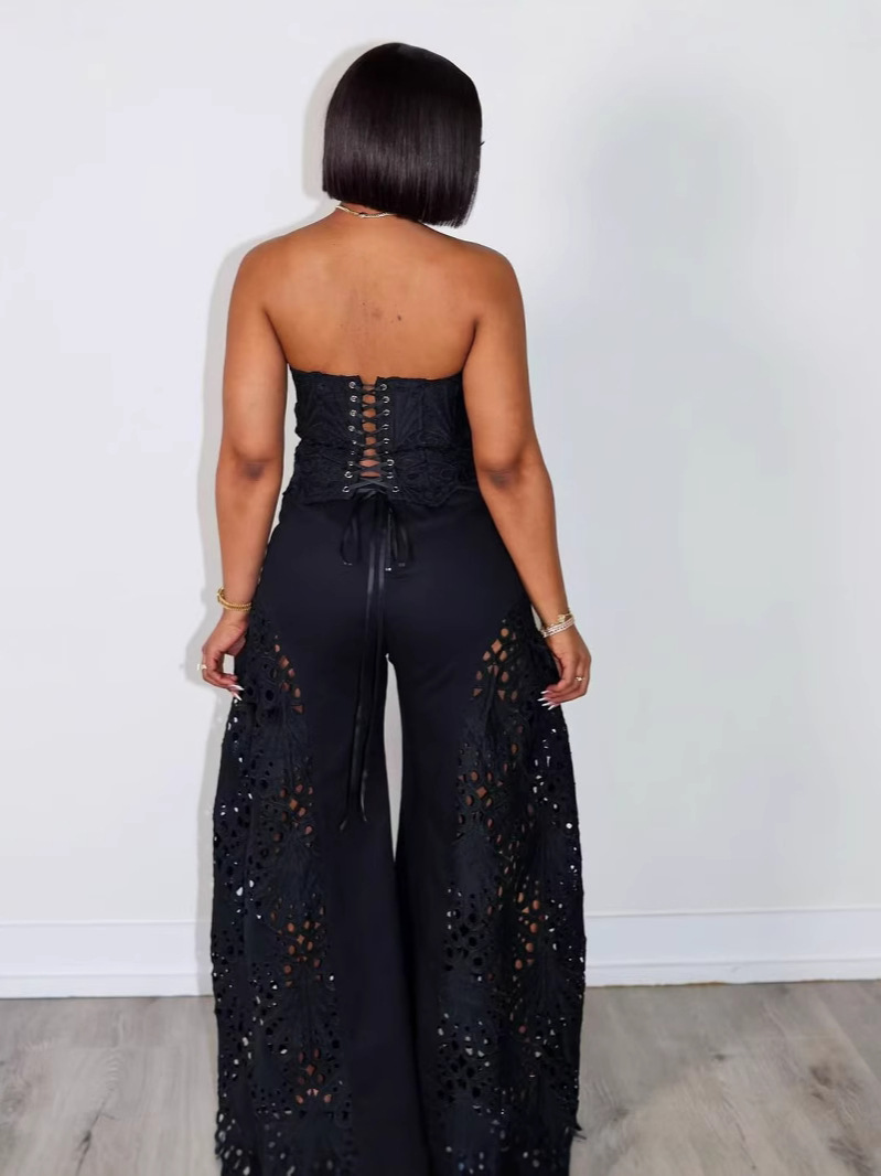 Women Lace Strapless Top and Pant Two-piece Set