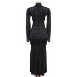 Women sexy long-sleeved beaded dress