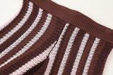 Fashion Striped Turndown Collar Short-Sleeve Top & Shorts Knit Set
