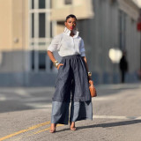 Street Style Patchwork Color-Block Wide-Leg Denim Pants