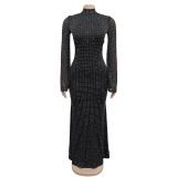 Women sexy long-sleeved beaded dress