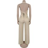 Fashion Women's Casual Halter Neck Lace-Up Top & Pants Two-Piece Set