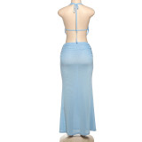 Women summer solid mesh see-through backless halter neck top and skirt
