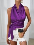 Women satin spring and summer Halter neck Sexy Lace-up Sleeveless Top