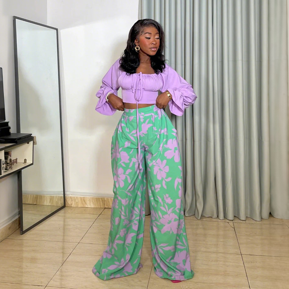 Long Sleeve Top with Loose Printed Wide-Leg Pants Casual & Comfortable Two-Piece Set