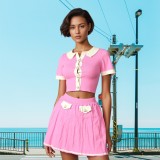 Fashion Turndown Collar Metal Button Cardigan & Pleated Skirt Knit Set