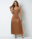 Women Pleated Sleeveless Satin Dress