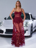 Sexy Strap Mesh Sheer Formal Party Dress Print Sleeveless Long Gown