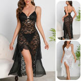 Women sexy lace suspender V neck see-through irregular slit nightdress