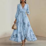 Women's Digital Print V-Neck Long-Sleeve Pleated Maxi Dress