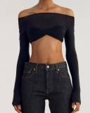 Women long-sleeved solid off shoulder crop t-shirt