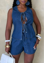 Women summer sleeveless lace top and denim shorts two-piece suit
